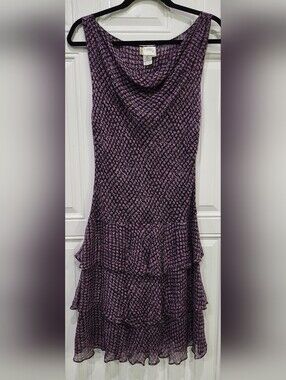 Allison Taylor Y2K Purple Black Houndstooth Tiered Silk Chiffon Dress Women's 8
